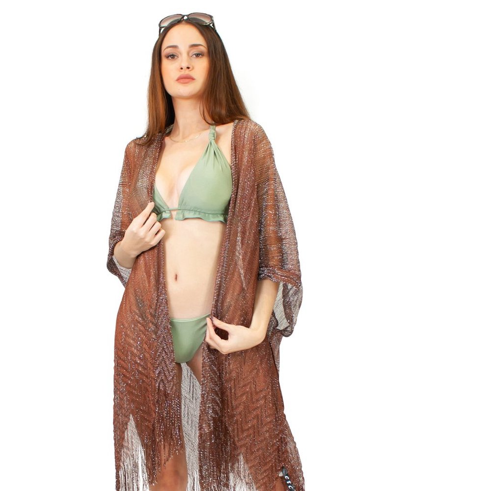 Lazy Daisy Camilla lurex open cover-up with a zig-zag pattern and fringe hem
